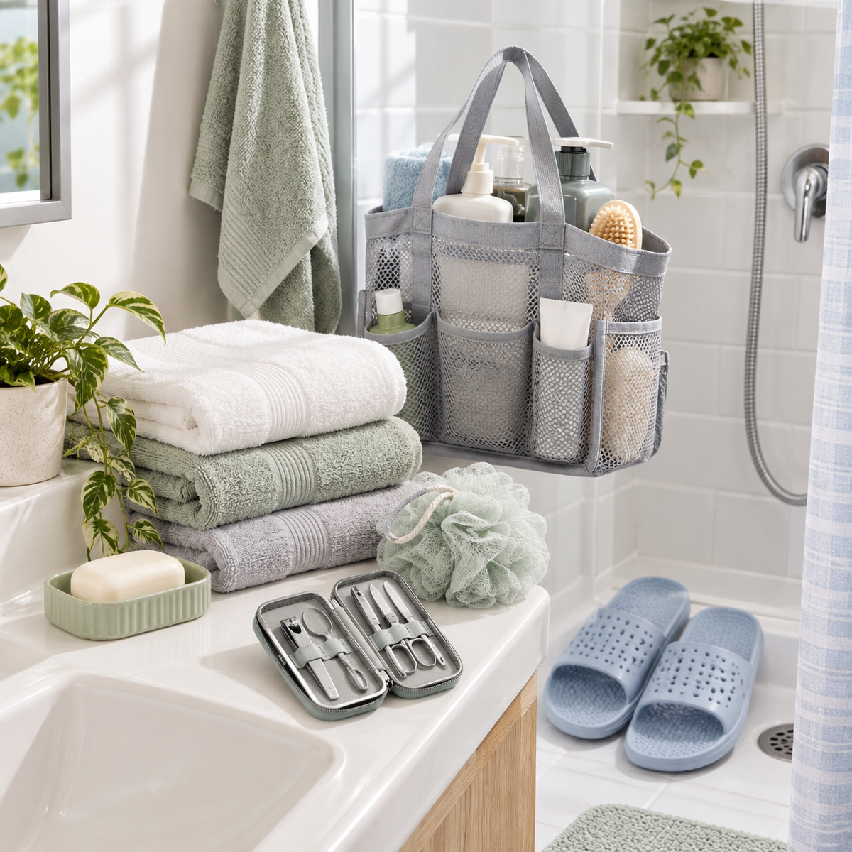 College bathroom essentials with shower caddy, towels, soap, grooming kit, and shower slippers