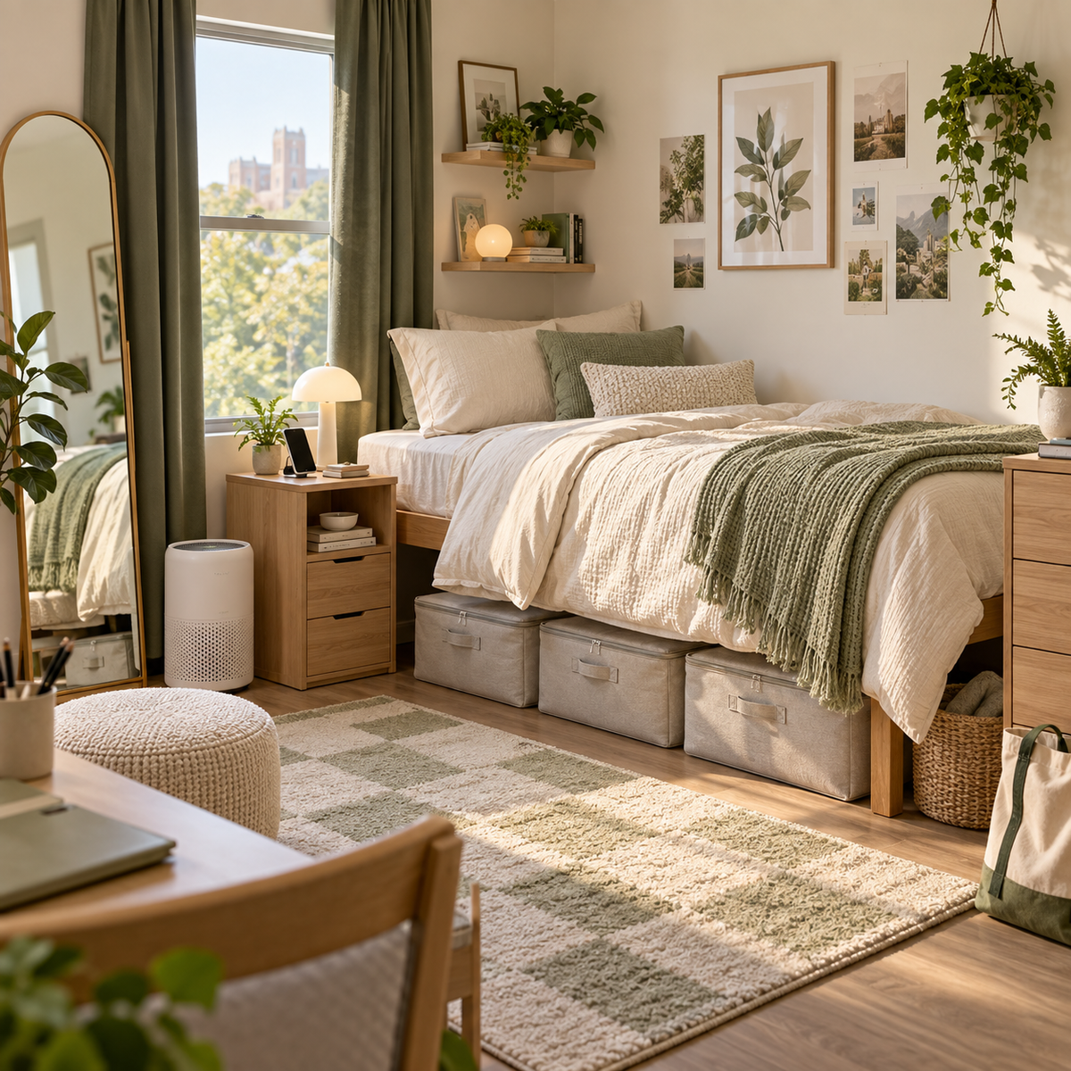 Cozy organized college bedroom with practical dorm essentials