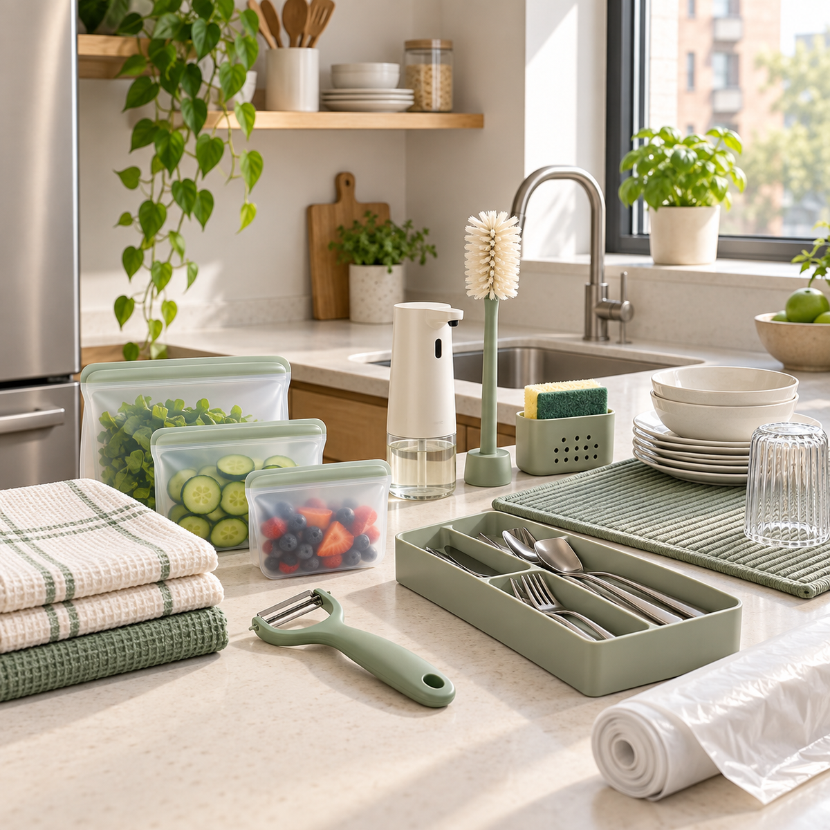 College kitchen essentials arranged in a bright modern kitchen