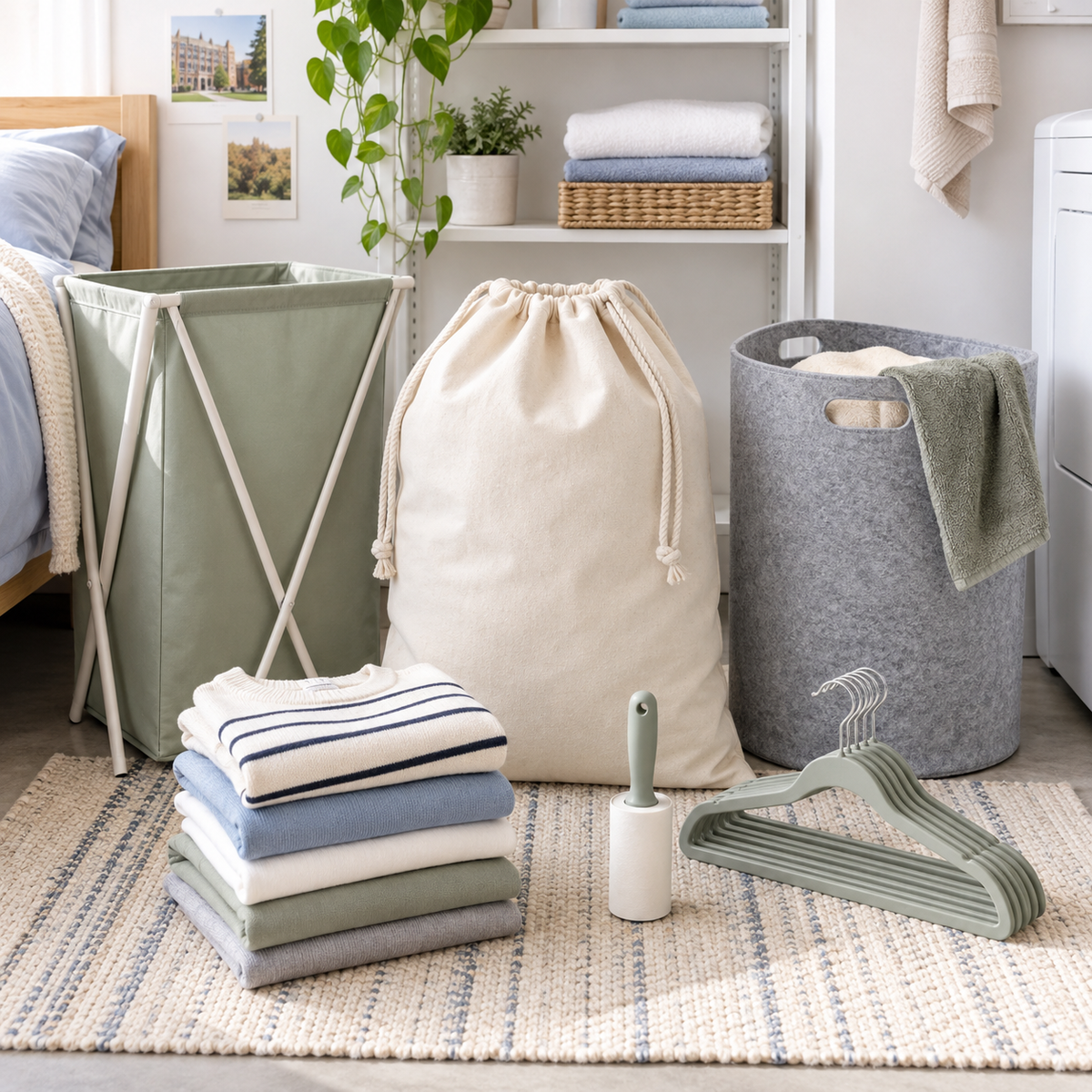 College laundry essentials with canvas bag, hampers, folded clothes, hangers, and lint roller