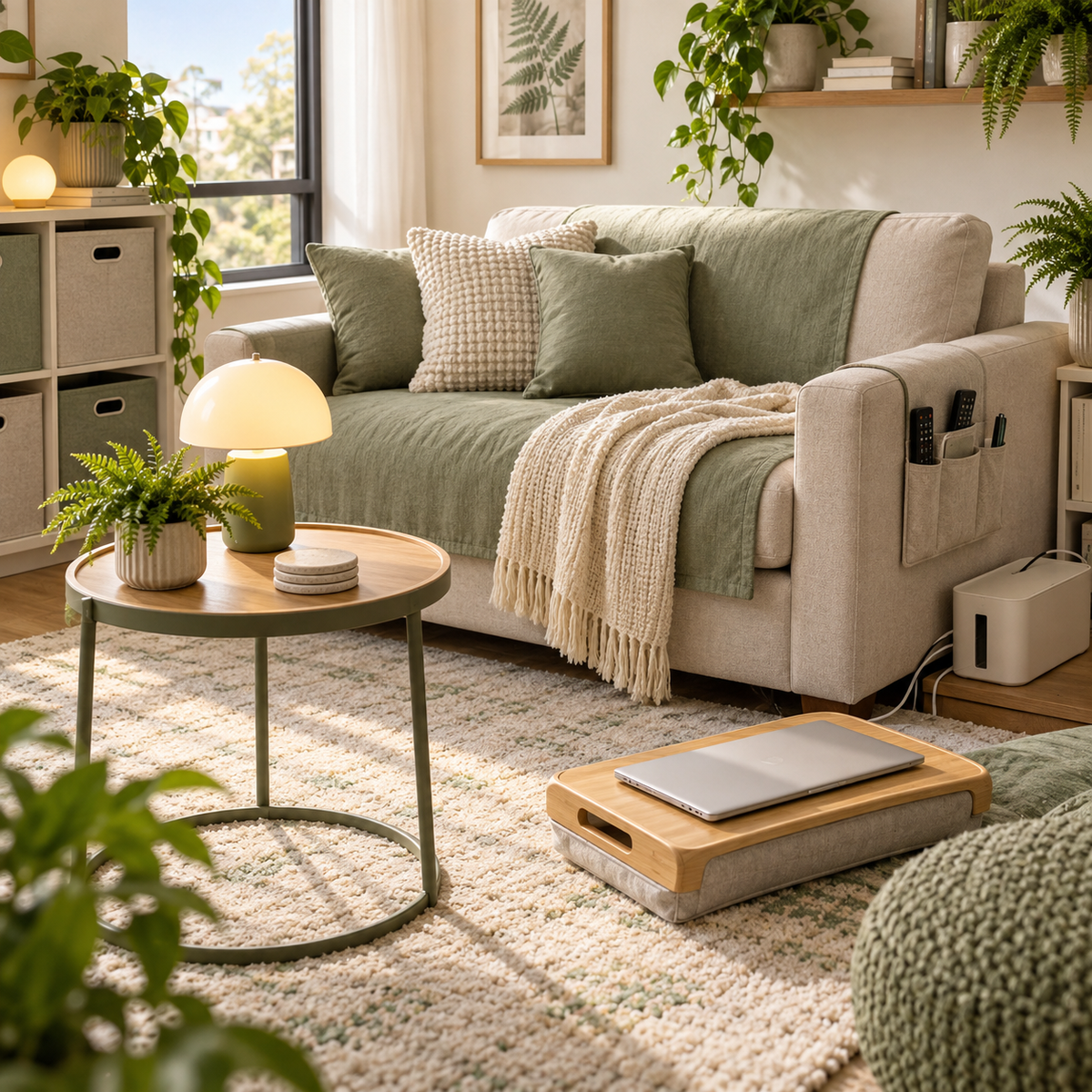 Cozy organized college living room with practical apartment essentials