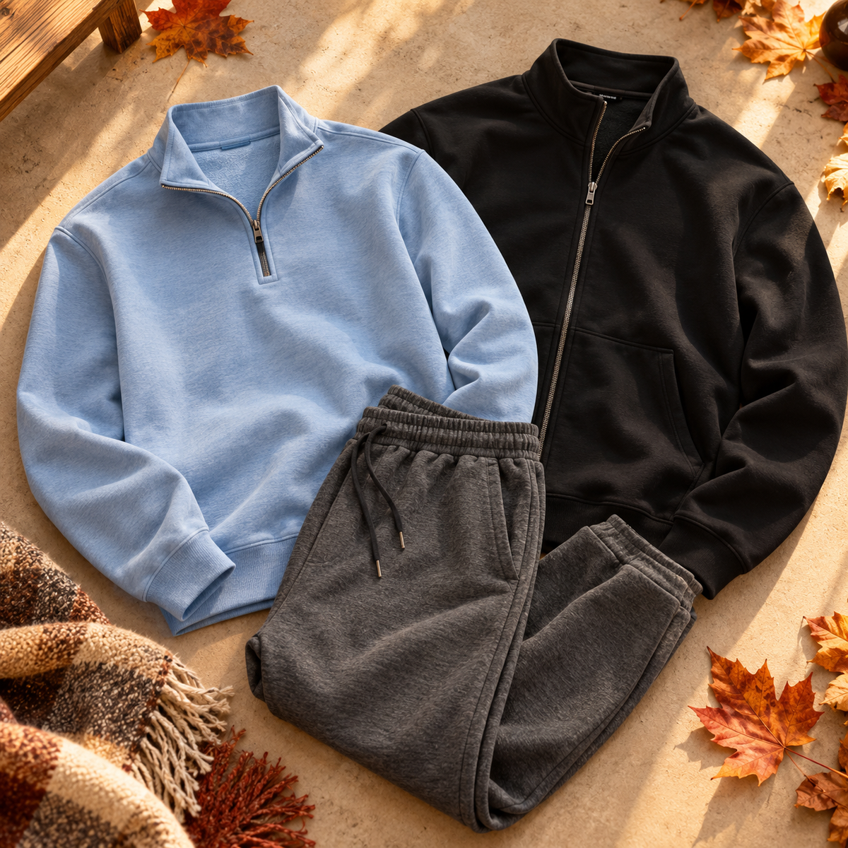 Men's casual fall layers with autumn leaves
