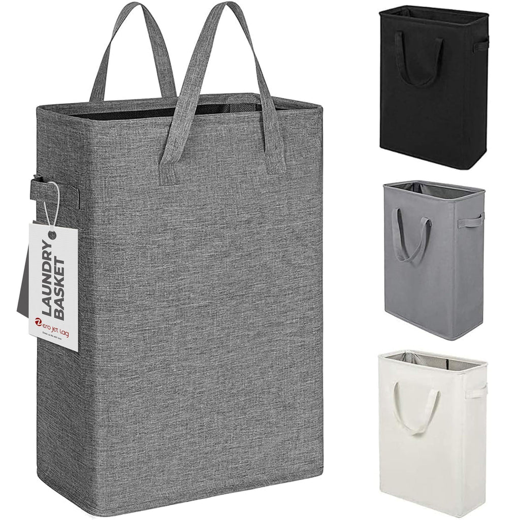 Slim Laundry Hamper With Handles Collapsible Laundry Basket Thin Dirty Clothes Basket Narrow Laundry Bag Foldable Dirty Cloth Hamper 45L (21 inchesDark Grey)