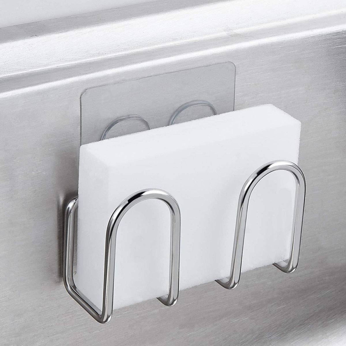 Kitchen Sponge Holder Sink Caddy for Sponges Scrubbers Soap No Drilling Adhesive Rustproof SUS304 Stainless Steel Compact Kitchen Sink Accessories