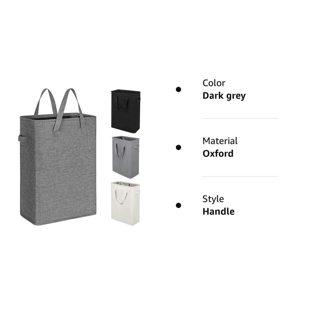 Slim Laundry Hamper With Handles Collapsible Laundry Basket Thin Dirty Clothes Basket Narrow Laundry Bag Foldable Dirty Cloth Hamper 45L (21 inchesDark Grey)