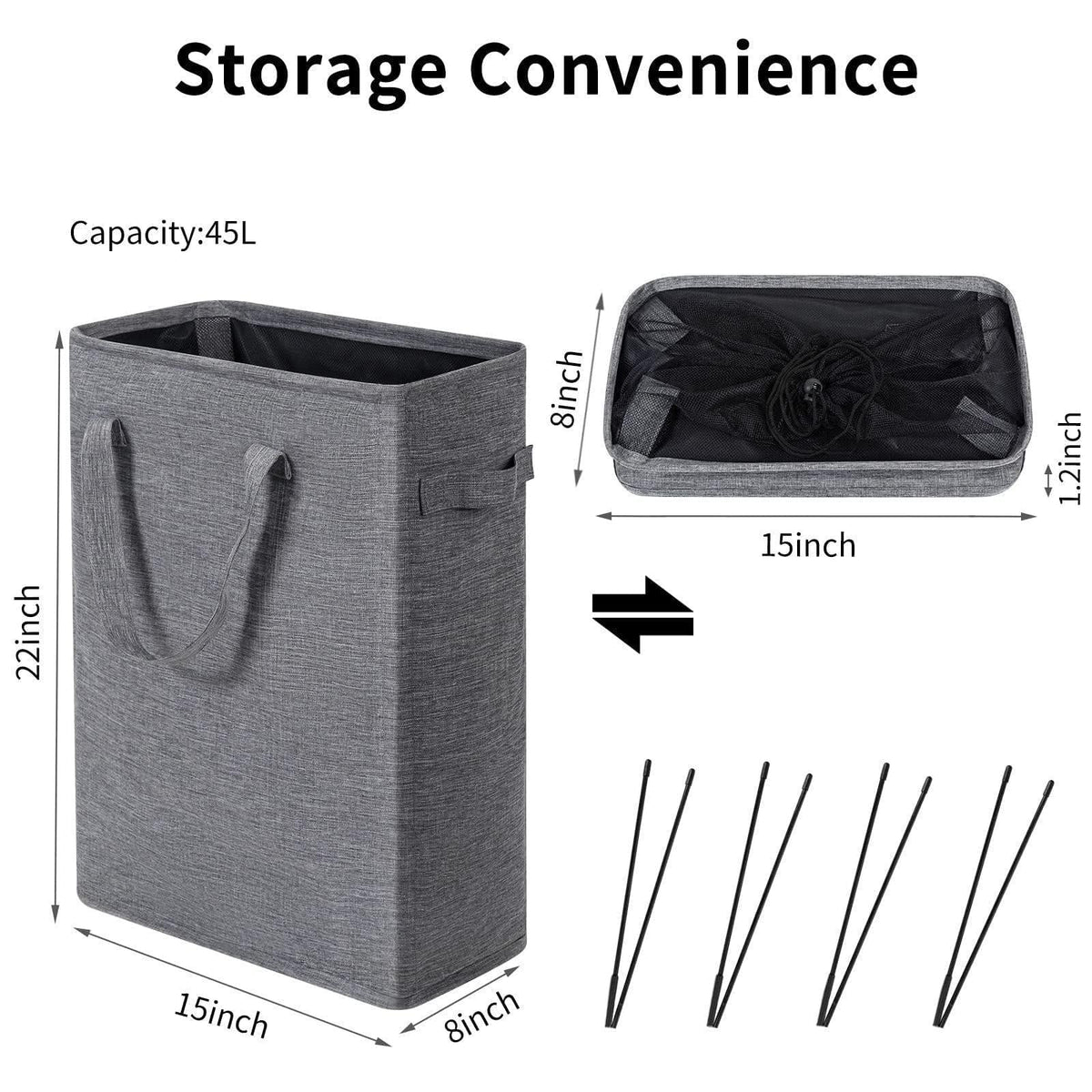 Slim Laundry Hamper With Handles Collapsible Laundry Basket Thin Dirty Clothes Basket Narrow Laundry Bag Foldable Dirty Cloth Hamper 45L (21 inchesDark Grey)