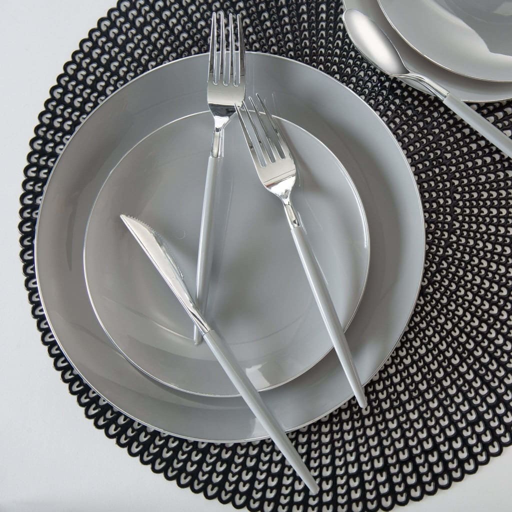 Round Grey and Silver Round Plastic Plates | 10 Pack